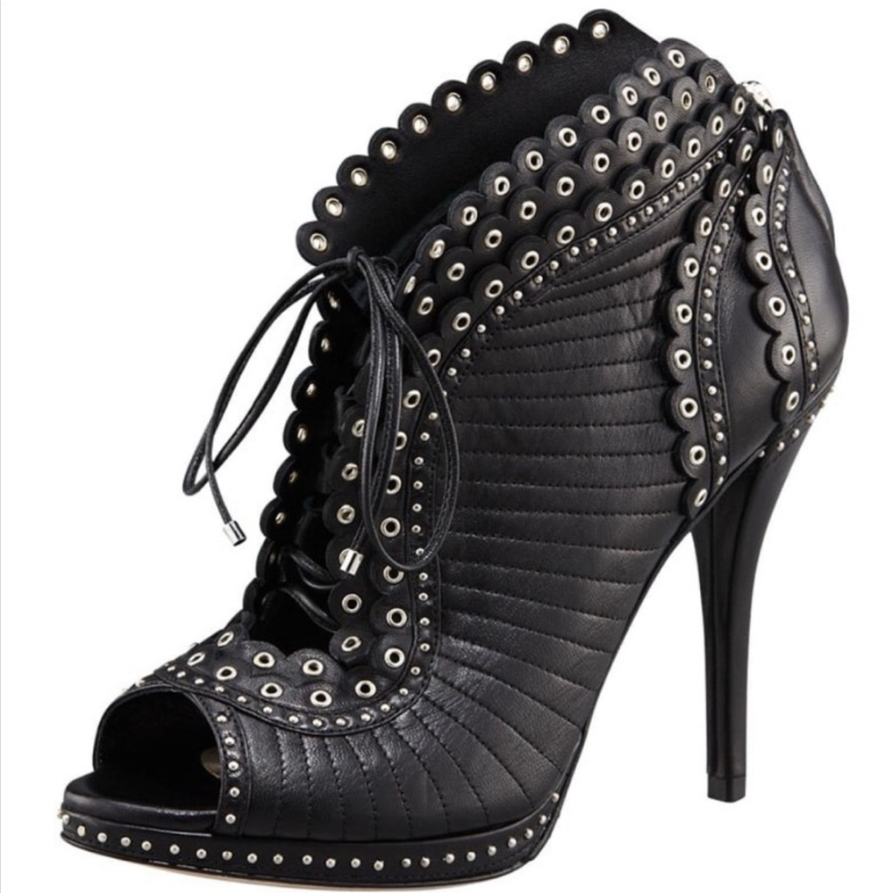 Auth DIOR MUSE ankle Boot Black scallop lace up studded high heels booties 7.5